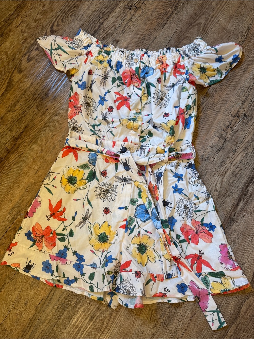 Goodnight Macaroon White Floral Off-Shoulder Romper with Red Yellow Blue Flowers